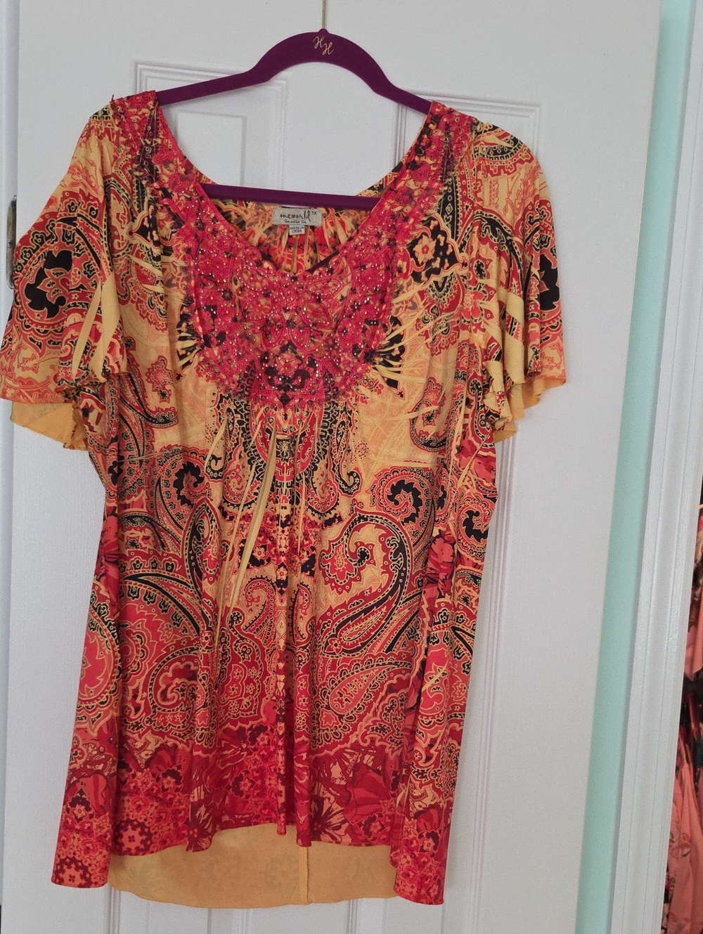 ONE WORLD Red and Yellow Paisley Beaded Short Sleeve Tunic